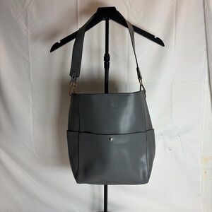 Bostanten Gray Faux Leather Bucket Tote Bag – Wide Strap, Front Pocket